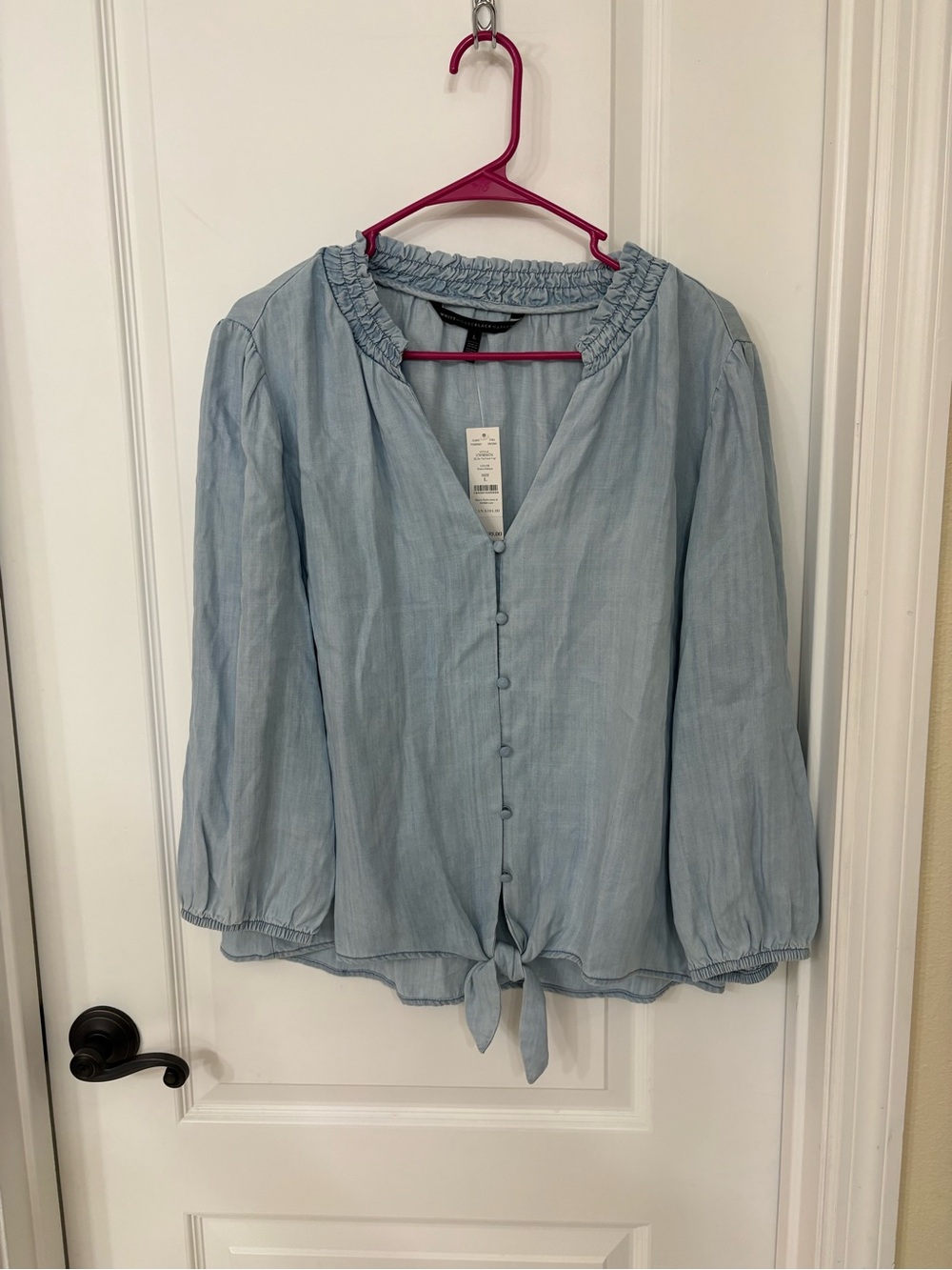 NWT White House Black Market Lyocell Tie Front Blouse Blue Size L $89